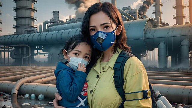 Mother and daughter wearing chemical protective mask and suit against factory with polluted atmosphere, flipbook style animation. Ecology and environment concept.