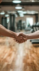 Close up of a personal trainer and his student shaking hands in a gym with fitness equipment, blurry background