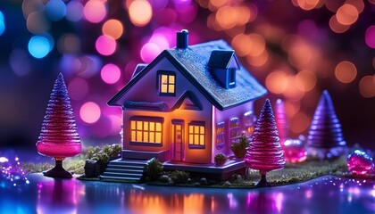 Warmly lit model house with vibrant Christmas trees and glittering decorations against a colorful bokeh background, embodying the festive spirit.