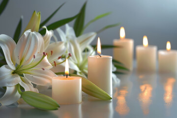 Peaceful and somber background featuring white lilies and glowing candles to express sympathy and honor memories at a funeral