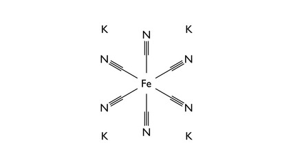 potassium ferrocyanide molecule, structural chemical formula, ball-and-stick model, isolated image e536