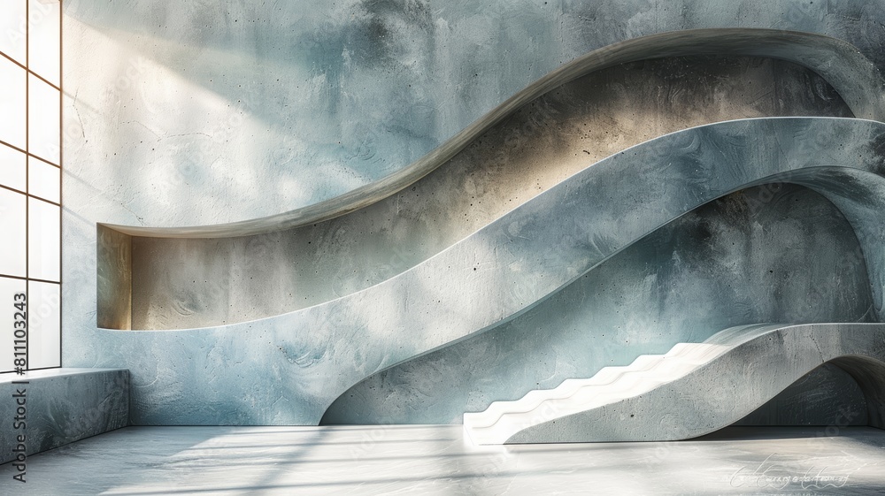 Poster the image is showing a modern concrete staircase with a large window in the background.