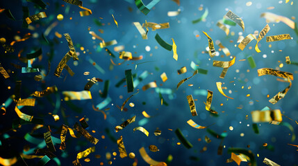 Golden yellow and forest green confetti drifting on a midnight blue background, perfect for elegant festivities.