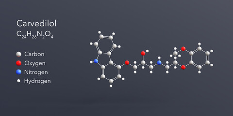 carvedilol molecule 3d rendering, flat molecular structure with chemical formula and atoms color coding