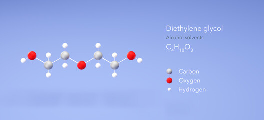 diethylene glycol molecule, molecular structures, alcohol solvents, 3d model, Structural Chemical Formula and Atoms with Color Coding