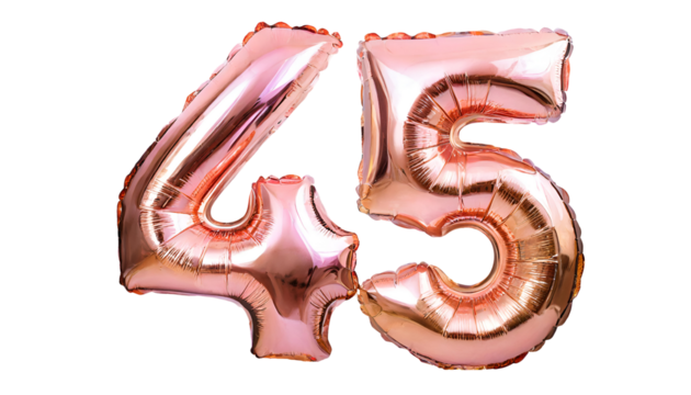 Balloon number forty five made of rose gold color