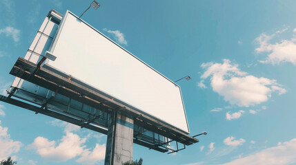 High-definition mockup of an empty billboard against a blue sky, awaiting your advertisement.