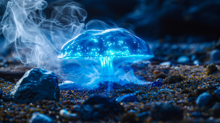 Obraz premium A blue mushroom with smoke coming out of it.