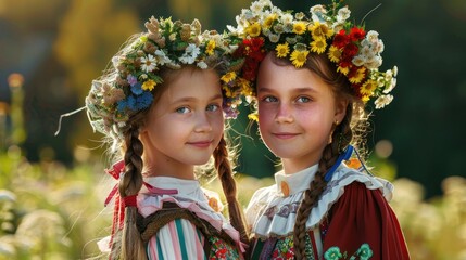 Latvian girls adorned in delightful traditional folk costumes