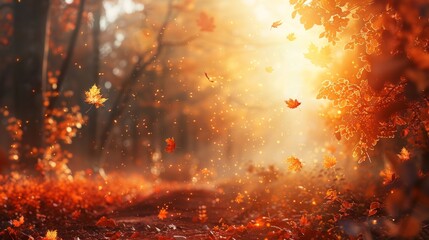 The image shows a beautiful autumn forest with a lot of fallen leaves in warm colors. The sun is shining through the trees. The image is very peaceful and serene.