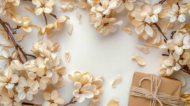 A gift wrapped in white paper and flowers.