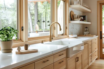 interior of modern kitchen in new luxury house. sink and faucet