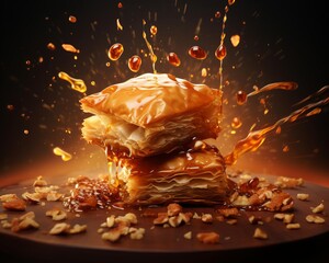 An epic stylized advertise photo of Baklava bursting energetically , set against a white background The scene Illuminated by dramatic side light, the scene features long shadows and textured movement,