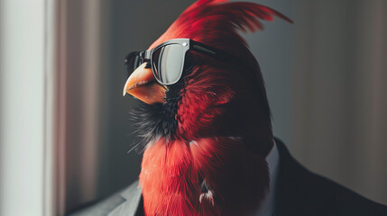 Cardinal bird wearing sunglasses in a business suit