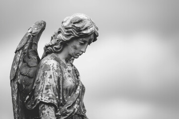 Monochrome image of a sorrowful angel statue with detailed wings, symbolizing mourning and eternal guardianship in a serene funeral setting