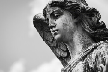 Close-up monochrome image capturing the somber expression of an angel statue, symbolizing mourning and remembrance in a funeral context