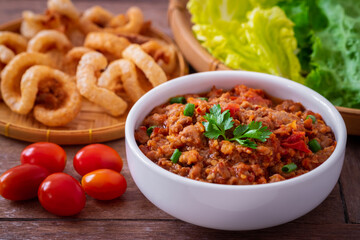 Spicy minced pork and tomato dip (Nam Prik Aong), Northern thai food .