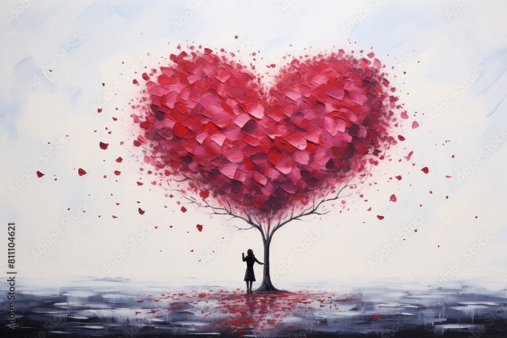 Aufkleber a woman is standing in front of a tree with a heart on it. the heart is surrounded by red leaves and