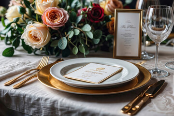 A table setting with a white plate on top of a gold charger, gold silverware, a white menu card with gold border, a gold frame, a gold fork, a white rose bouquet in the background, and a tablecloth - Powered by Adobe