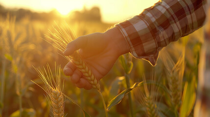 A person in a plaid shirt is touching a golden wheat ear in a field. The sun is setting in the background	
