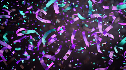 Iridescent confetti in shades of violet and mint green gracefully falling on a dark chocolate...