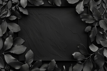 Elegant funeral condolences background featuring a dark, textured surface framed by delicate black leaves for a somber and respectful appearance