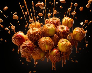 An epic stylized advertise photo of Caramel Apples bursting energetically , set against a white background The scene Illuminated by dramatic side light, the scene features long shadows and textured mo