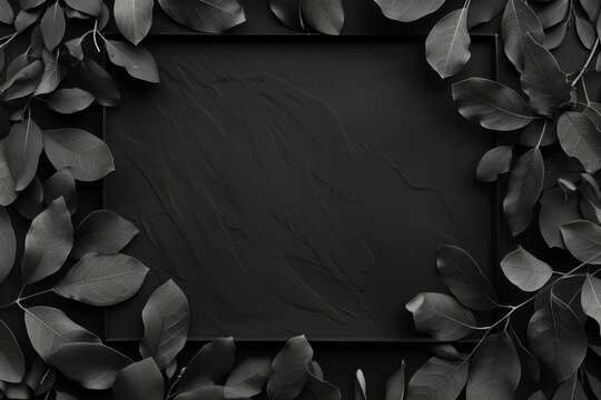 Elegant funeral condolences background featuring a dark, textured surface framed by delicate black leaves for a somber and respectful appearance