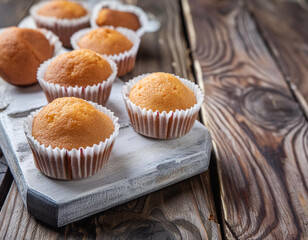 Muffins on wooden table.
