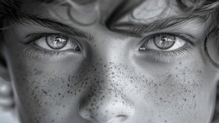 The image shows a black-and-white portrait of a young boy with freckles and light-colored eyes. He is looking at the camera with a serious expression.