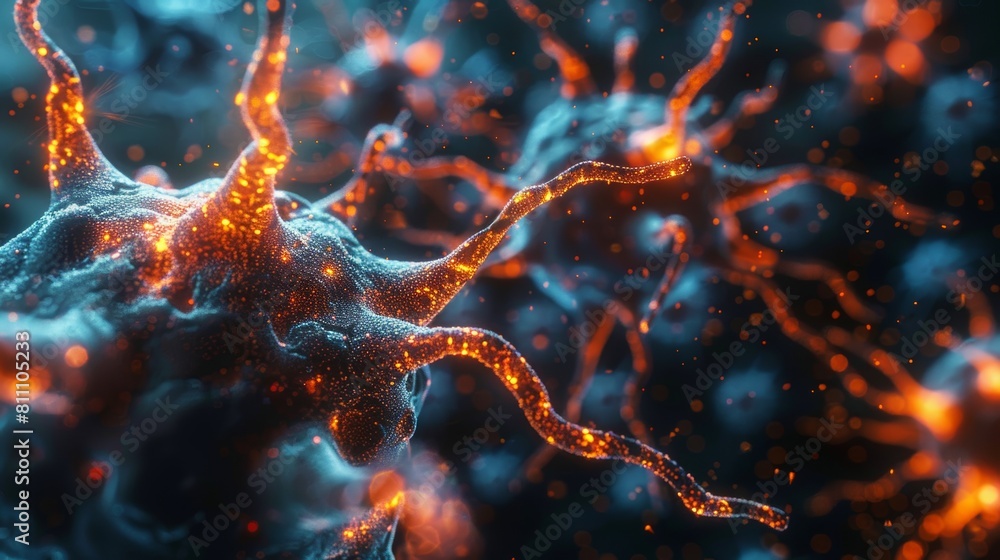 Poster the image shows a bunch of neurons in the brain. some of them are red, and some are blue.