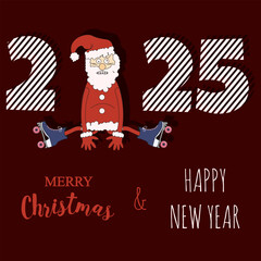 2025 Christmas Poster cover design with Santa Claus  and inscription. Joyful Typography Christmas banner in trendy cut out paper 3D style. Editable stroke. EPS 10