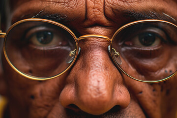 A focused shot of someone with glasses, promoting eye health awareness.