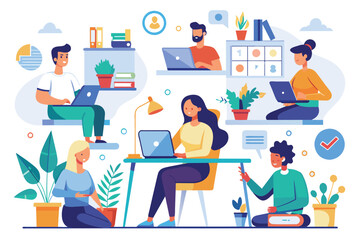 People engaged in a busy work session with laptops open on a table. AI generated