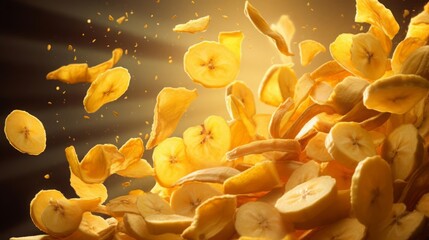 An epic stylized advertise photo of Banana Chips bursting energetically , set against a white background The scene Illuminated by dramatic side light, the scene features long shadows and textured move