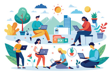 Fototapeta premium People engaged in a busy work session with laptops open on a table. AI generated