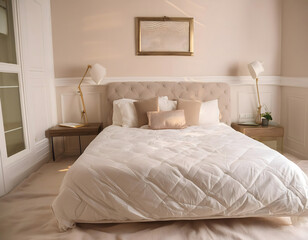 Comfortable bedroom with luxury interior design featuring a cozy bed, stylish furniture, and elegant decor