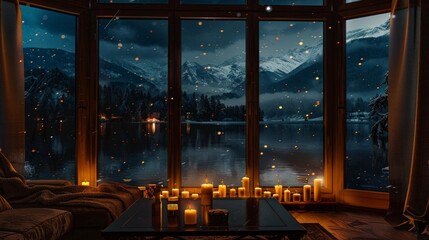 living room of a mansion with a table with lit candles at night with a landscape of a lake