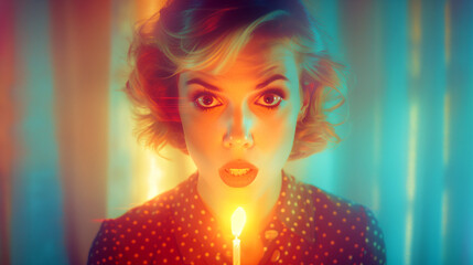A woman with a red and white polka dot shirt is holding a lit candle