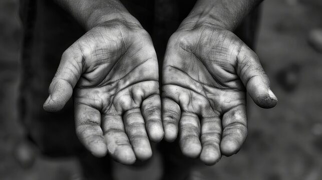 Two beggar hands palms up symbolize the concept of impoverished children in stark black and white They evoke ideas of donation charity giving poverty prayer Islamic faith hunger refugee cri