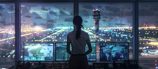 Woman working as air traffic controller. Air traffic controller in the control tower on his screen.