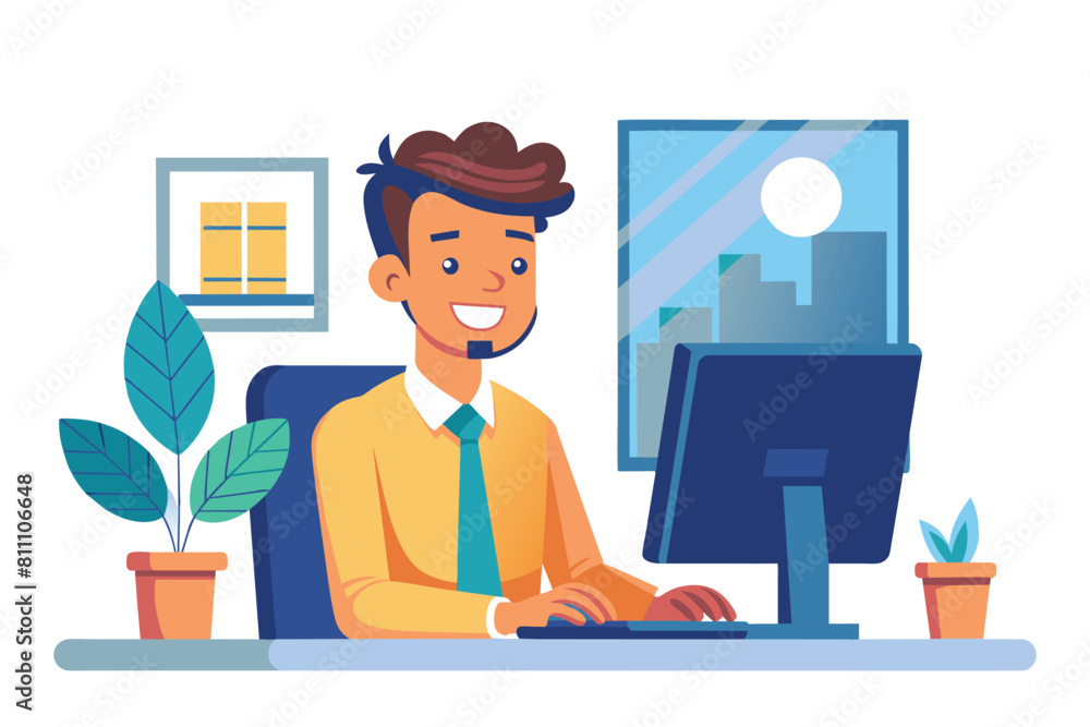 Poster a man focusing at his computer screen on a busy workday. ai generated