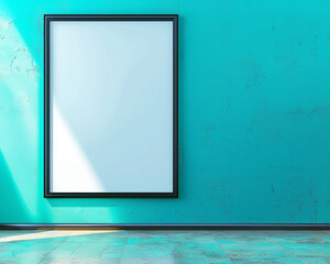 Modern art gallery with one large blank poster in a sleek black frame spotlighted against a vibrant...