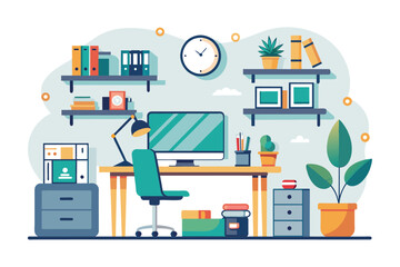 A serene home office with lush green plants and a sleek desk, AI generated