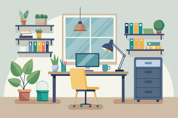 A serene home office with lush green plants and a sleek desk, AI generated