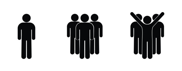 stickman icon set, leader of group of people, isolated pictogram of human silhouettes