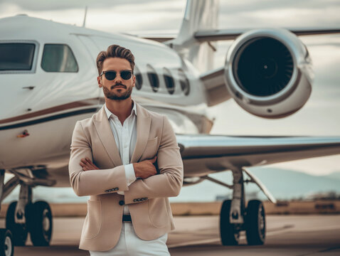 A proud male entrepreneur confidently stands in front of his luxurious car and private jet, exuding success and wealth.