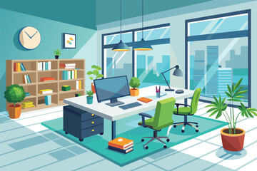 A simple and elegant office room featuring a desk and chair for work or study, elegant office interior, Modern office workspace with desk and plants 