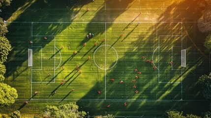 Aerial view of a soccer field bathed in sunlight, with lush green grass and neatly drawn white boundary lines - Powered by Adobe