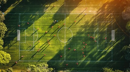 Aerial view of a soccer field bathed in sunlight, with lush green grass and neatly drawn white boundary lines